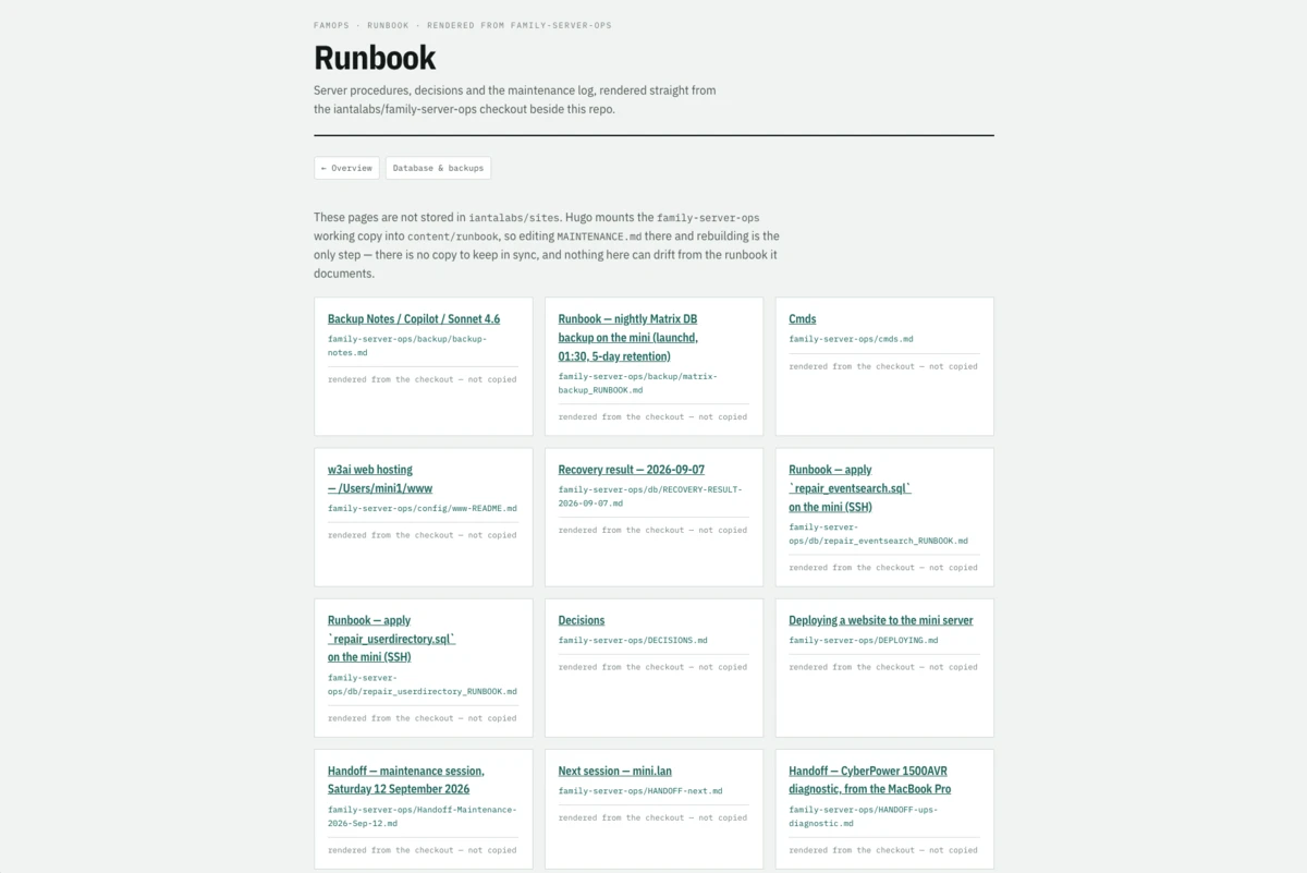 The famops runbook index — cards linking to server procedures, decisions and the maintenance log